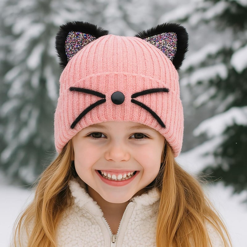 ACTLATI Little Girls Sequin Cat Ears Hats Cute Warm Knit Beanie Hat for Kids Winter Outdoor Snow Ski Skull Cap 3-8 Years - Image 3